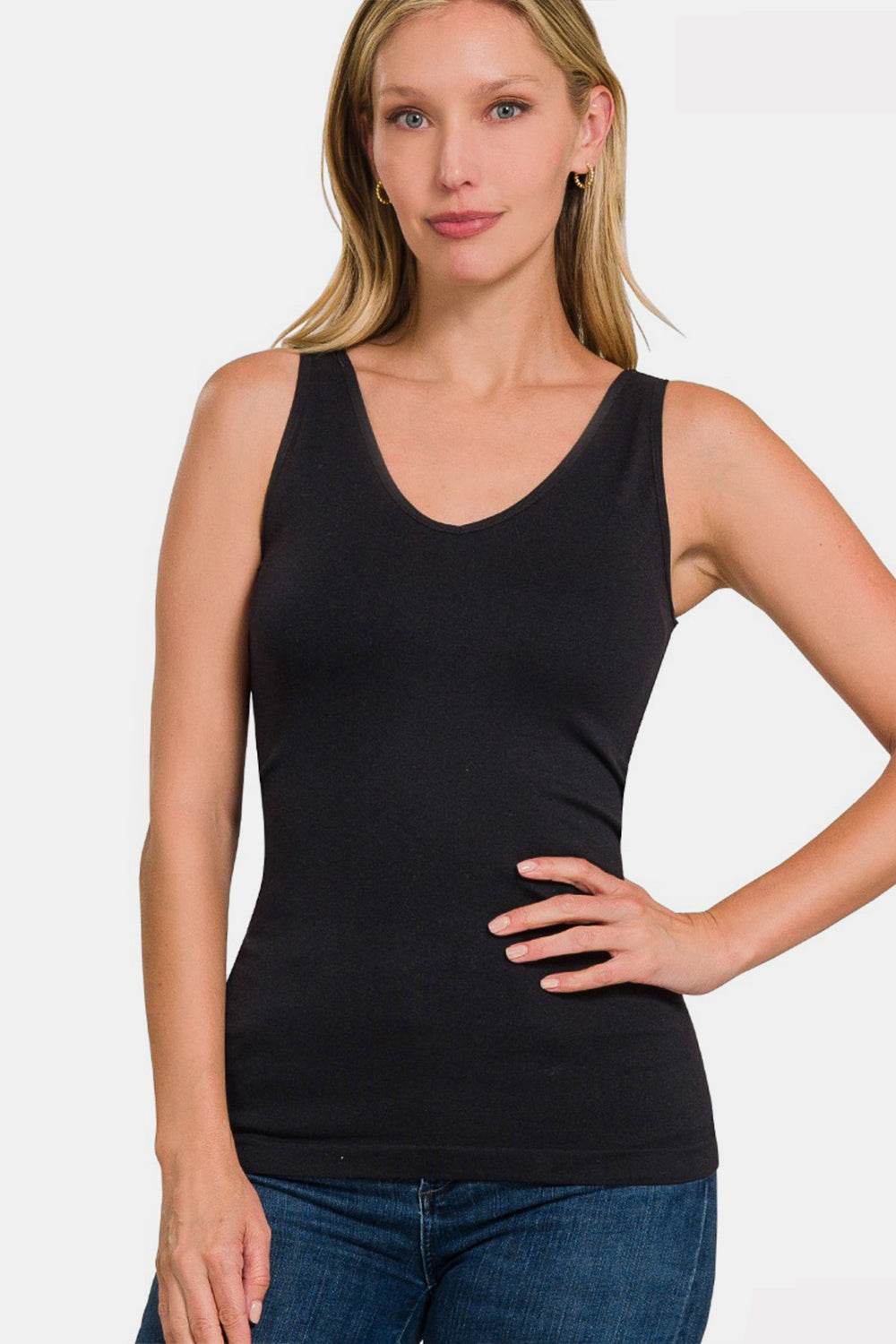 Zenana FRONT & BACK 2-WAY V-NECK / U-NECK SEAMLESS TANK - DaTrendStore.Com