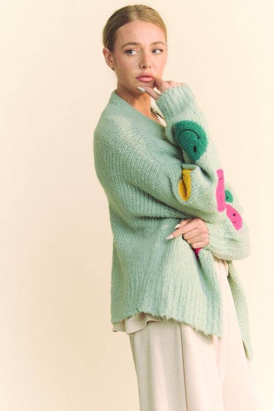 Davi & Dani Fuzzy Smile Open Front Long Sleeve Cardigan - DaTrendStore.Com