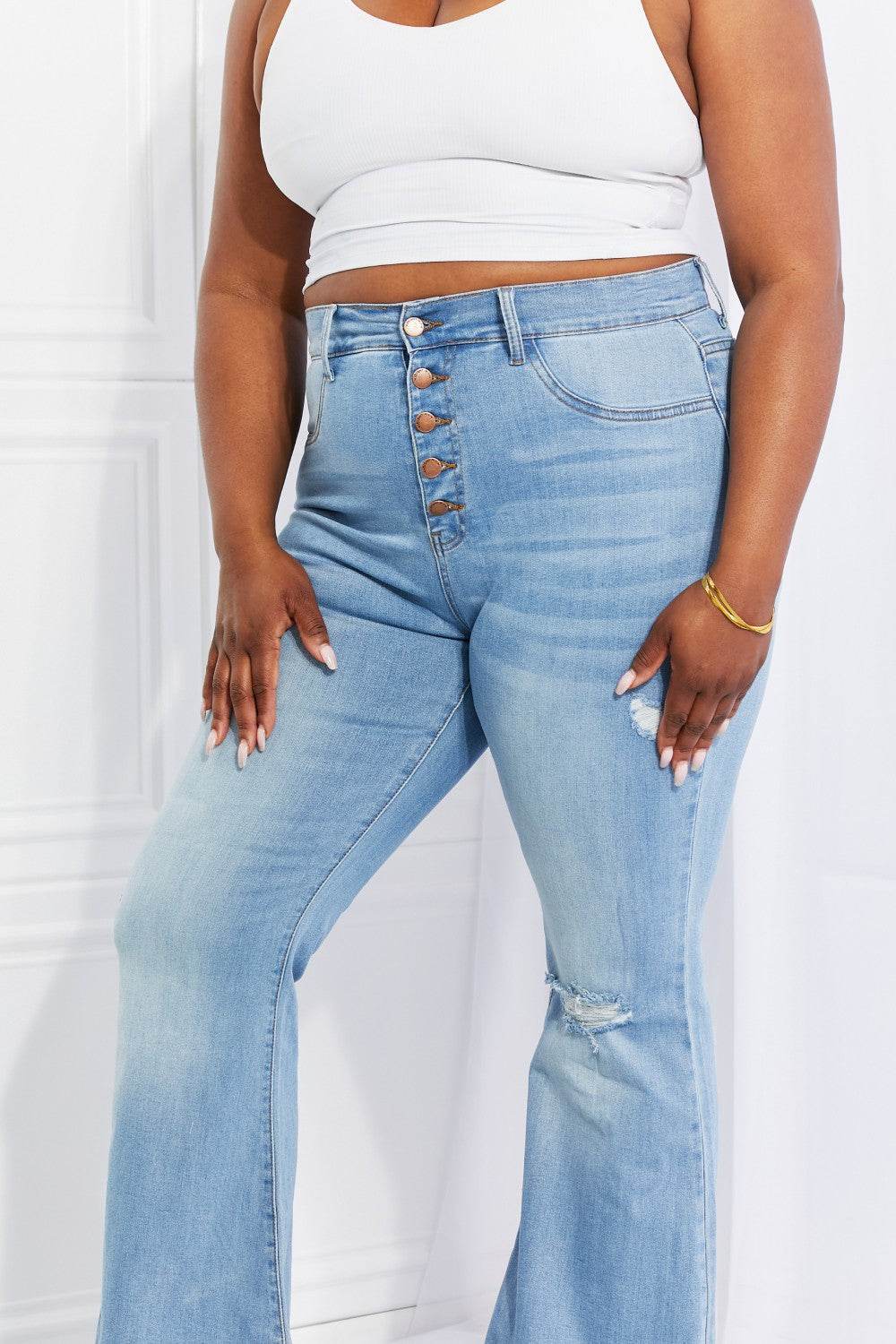 Vibrant MIU Full Size Jess Button Flare Jeans - DaTrendStore.Com