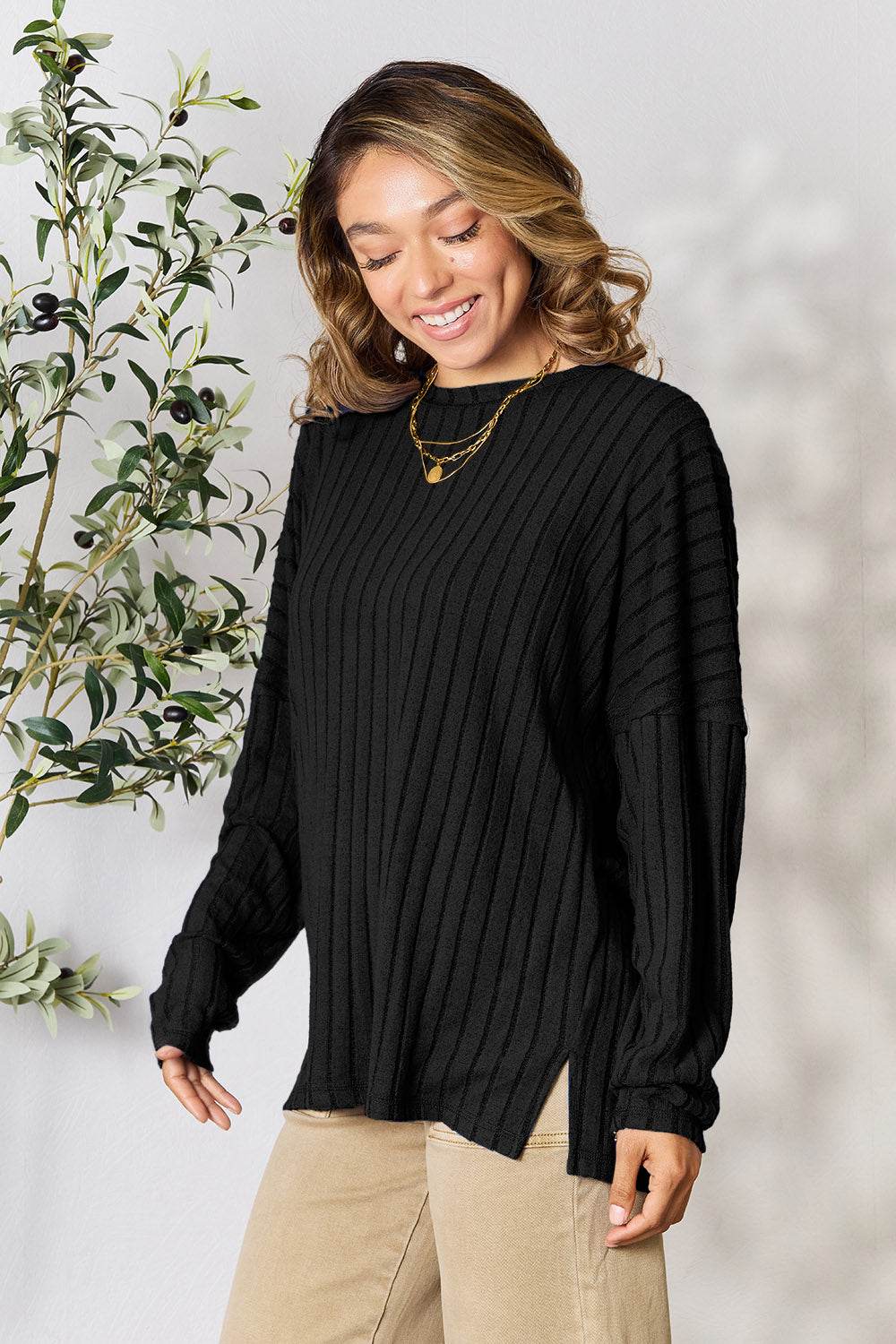 Basic Bae Full Size Ribbed Round Neck Slit Knit Top - DaTrendStore.Com