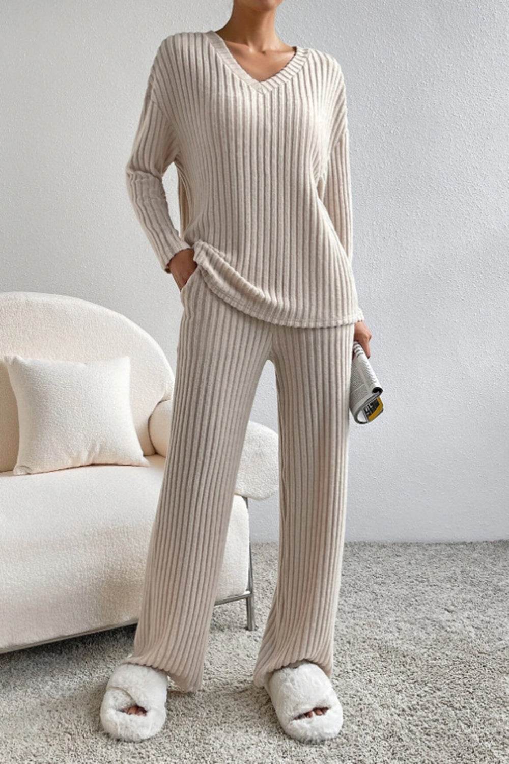 Ribbed V-Neck Top and Pants Set - DaTrendStore.Com