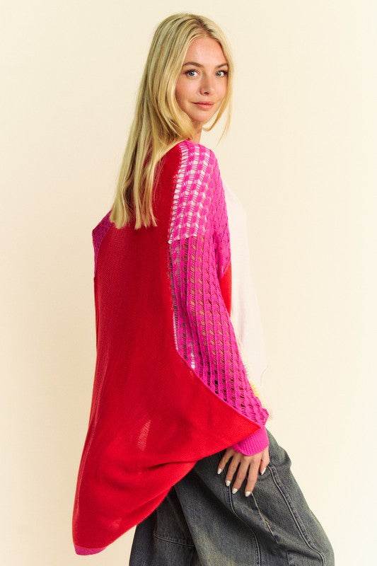 Davi & Dani Openwork Contrast Open Front Cardigan - DaTrendStore.Com
