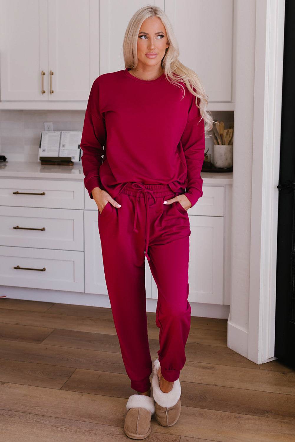 Round Neck Top and Drawstring Pants Lounge Set - DaTrendStore.Com
