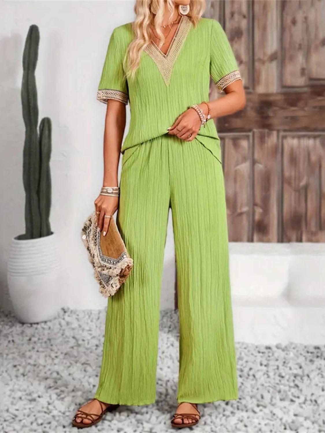 V-Neck Short Sleeve Top and Pants Set - DaTrendStore.Com