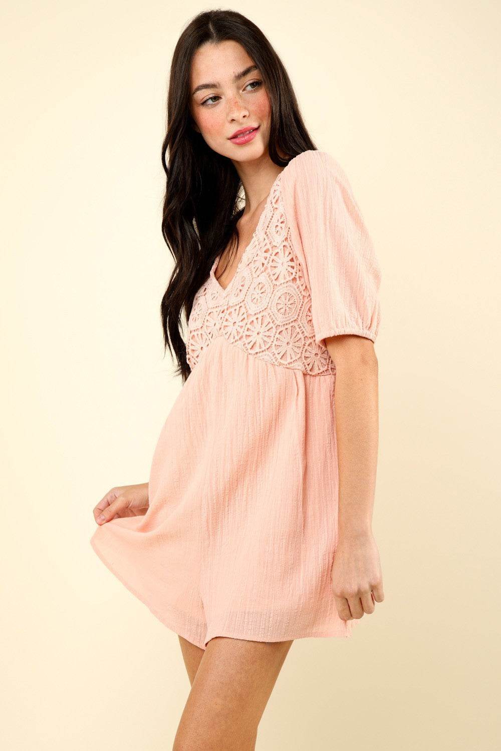 VERY J Lace Detail Puff Sleeve Romper with Pockets - DaTrendStore.Com