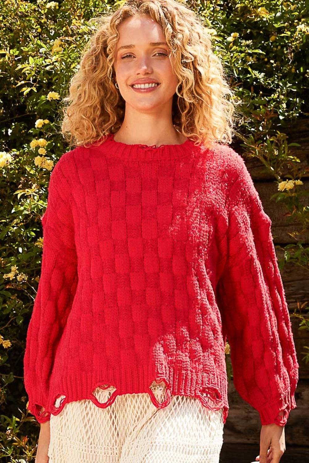 POL Checkered Distressed Edge Sweater - DaTrendStore.Com