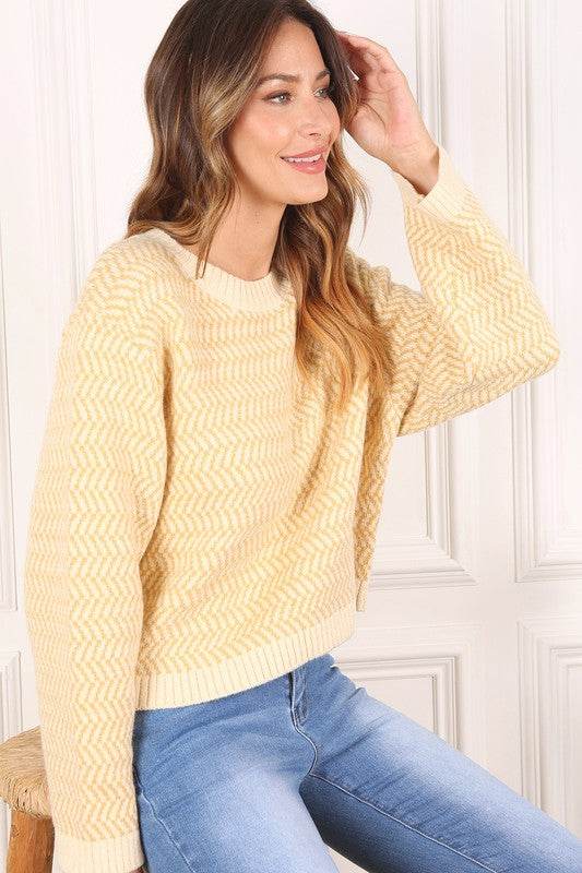 Herringbone Pattern Crew Neck Sweater - DaTrendStore.Com