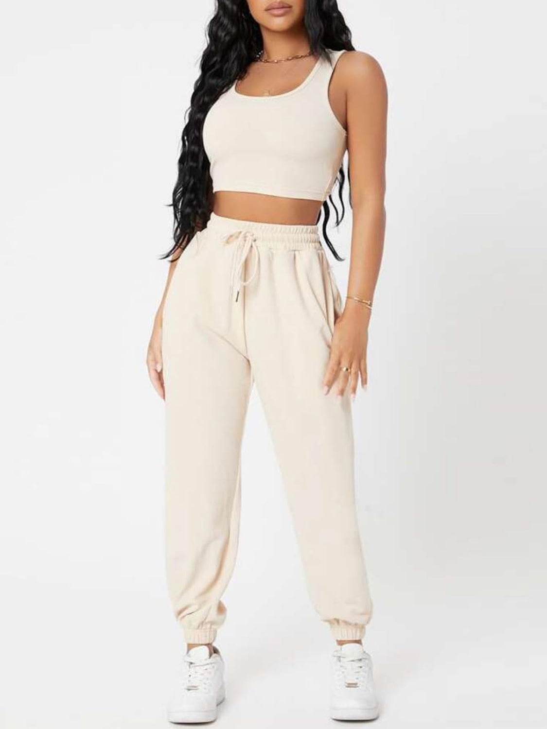 Wide Strap Top and Drawstring Joggers Set - DaTrendStore.Com
