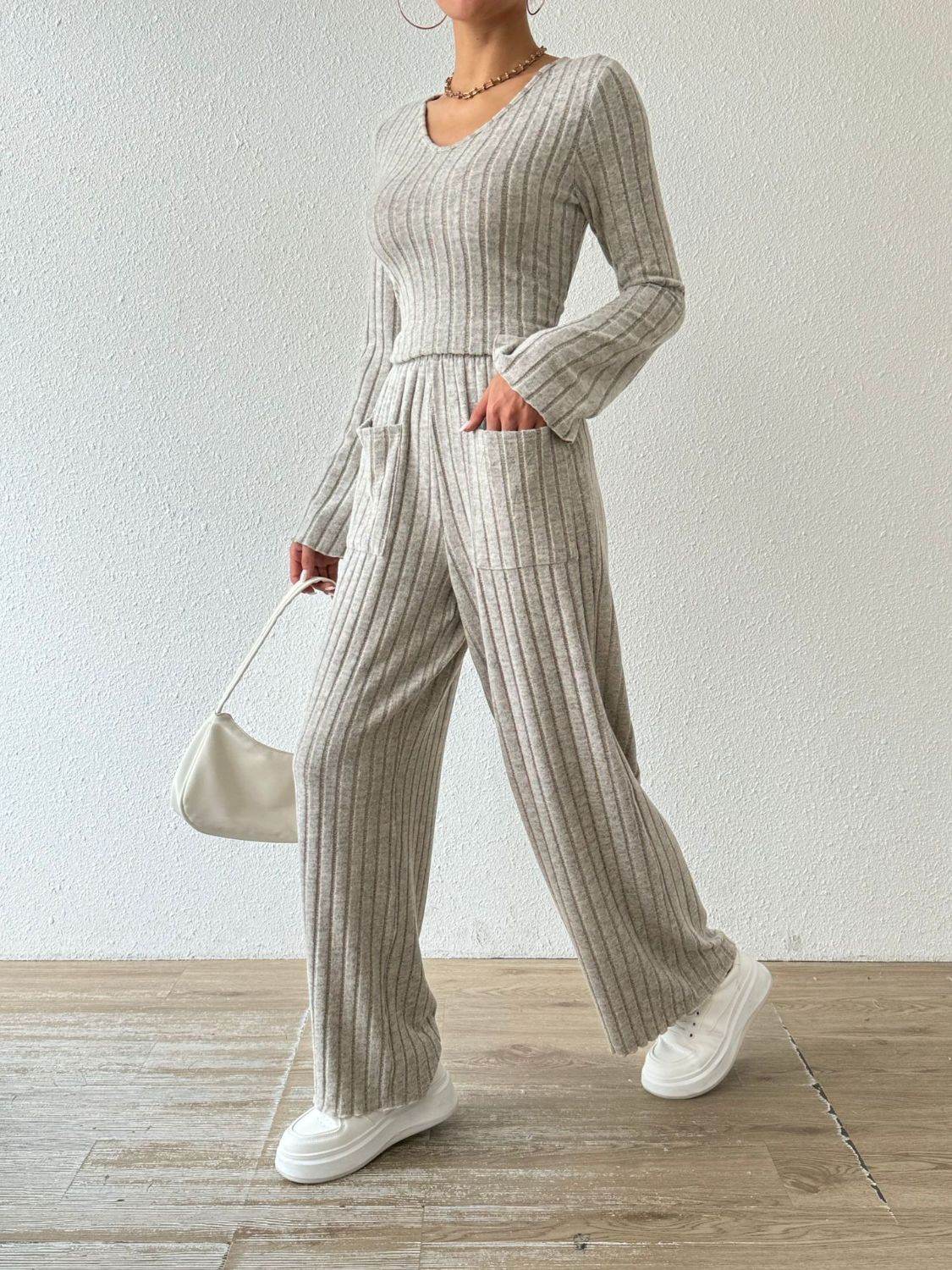 Ribbed V-Neck Long Sleeve Top and Pocketed Pants Set - DaTrendStore.Com
