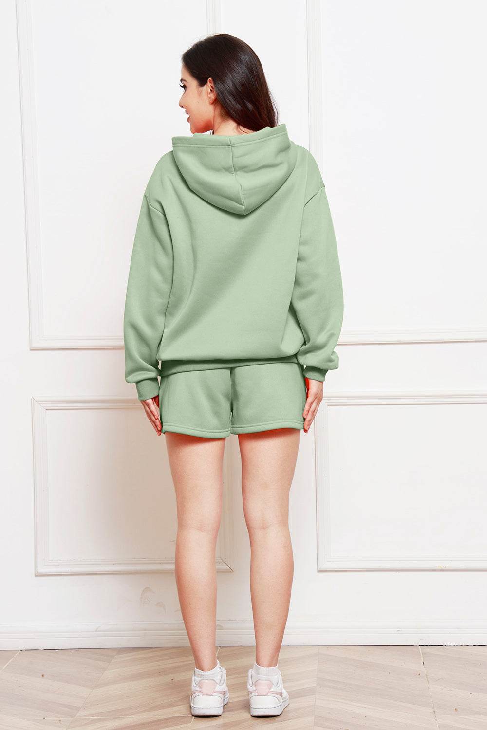Drop Shoulder Long Sleeve Hoodie and Shorts Set - DaTrendStore.Com