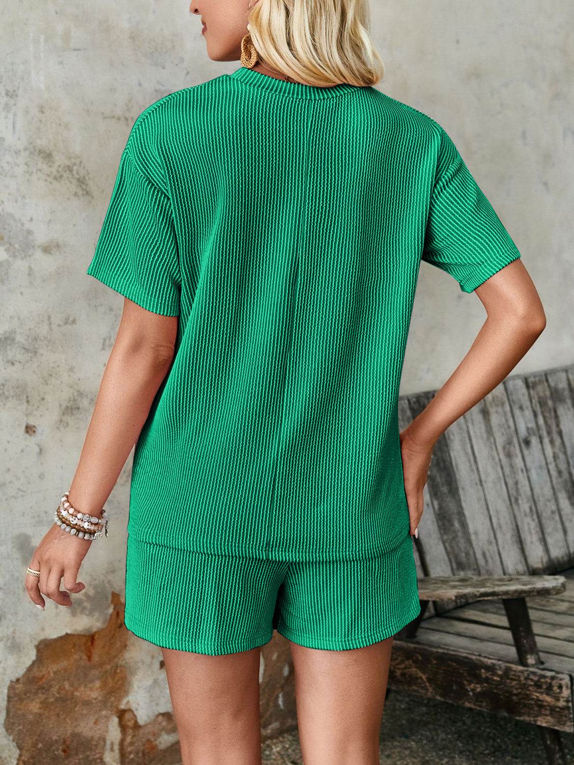 Lovelet Textured Round Neck Short Sleeve Top and Shorts Set - DaTrendStore.Com