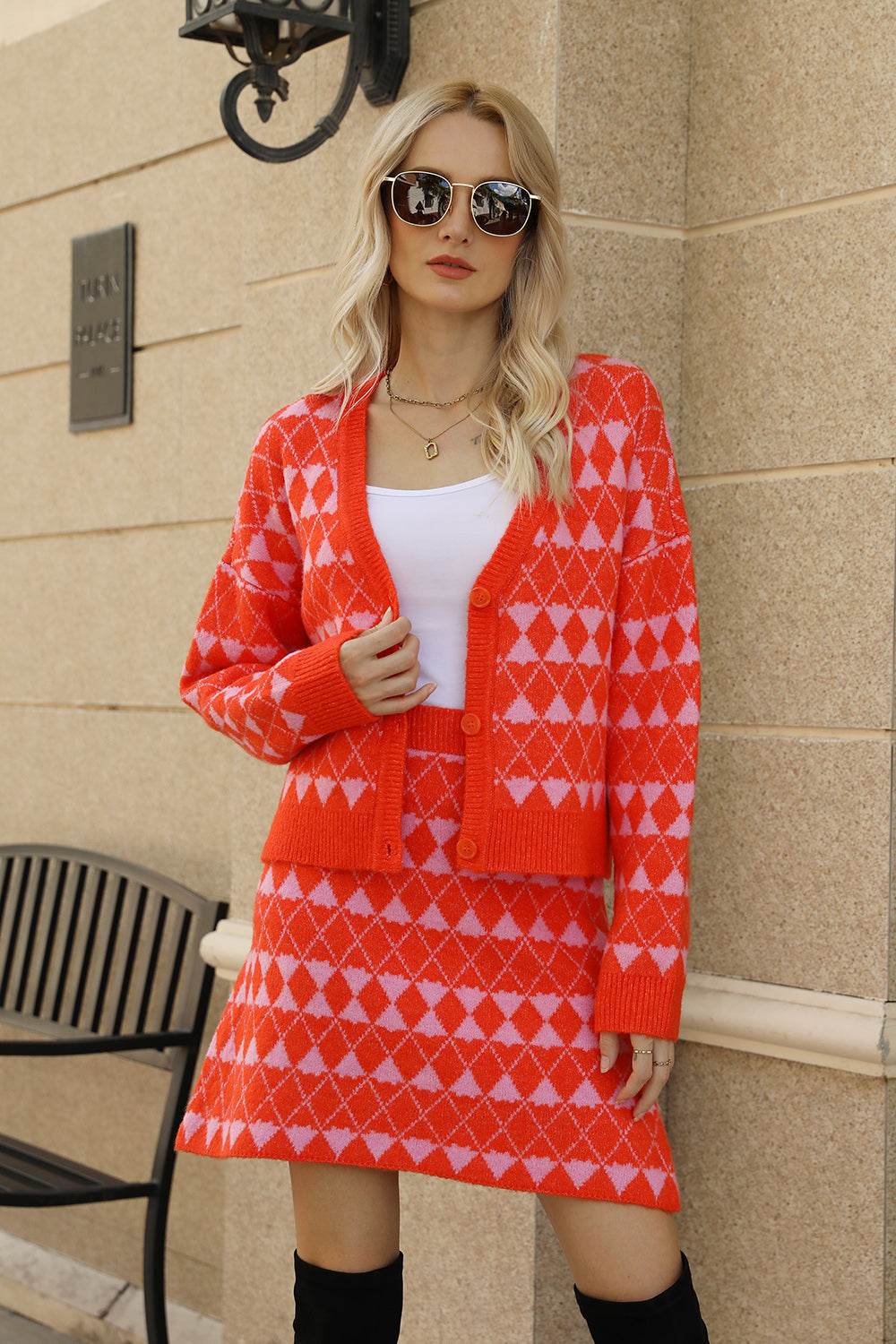 Geometric Button Front Cardigan and Skirt Set - DaTrendStore.Com