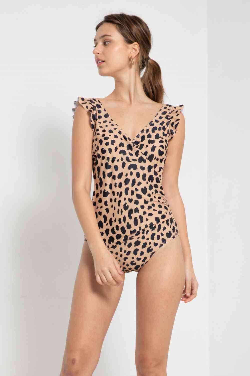 Marina West Swim Full Size Float On Ruffle Faux Wrap One-Piece in Leopard - DaTrendStore.Com