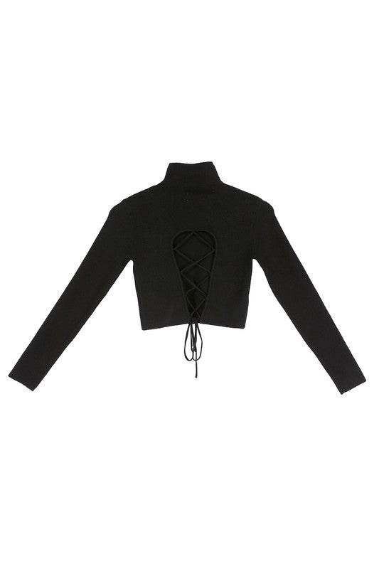 Mock neck lace-up open back top - DaTrendStore.Com