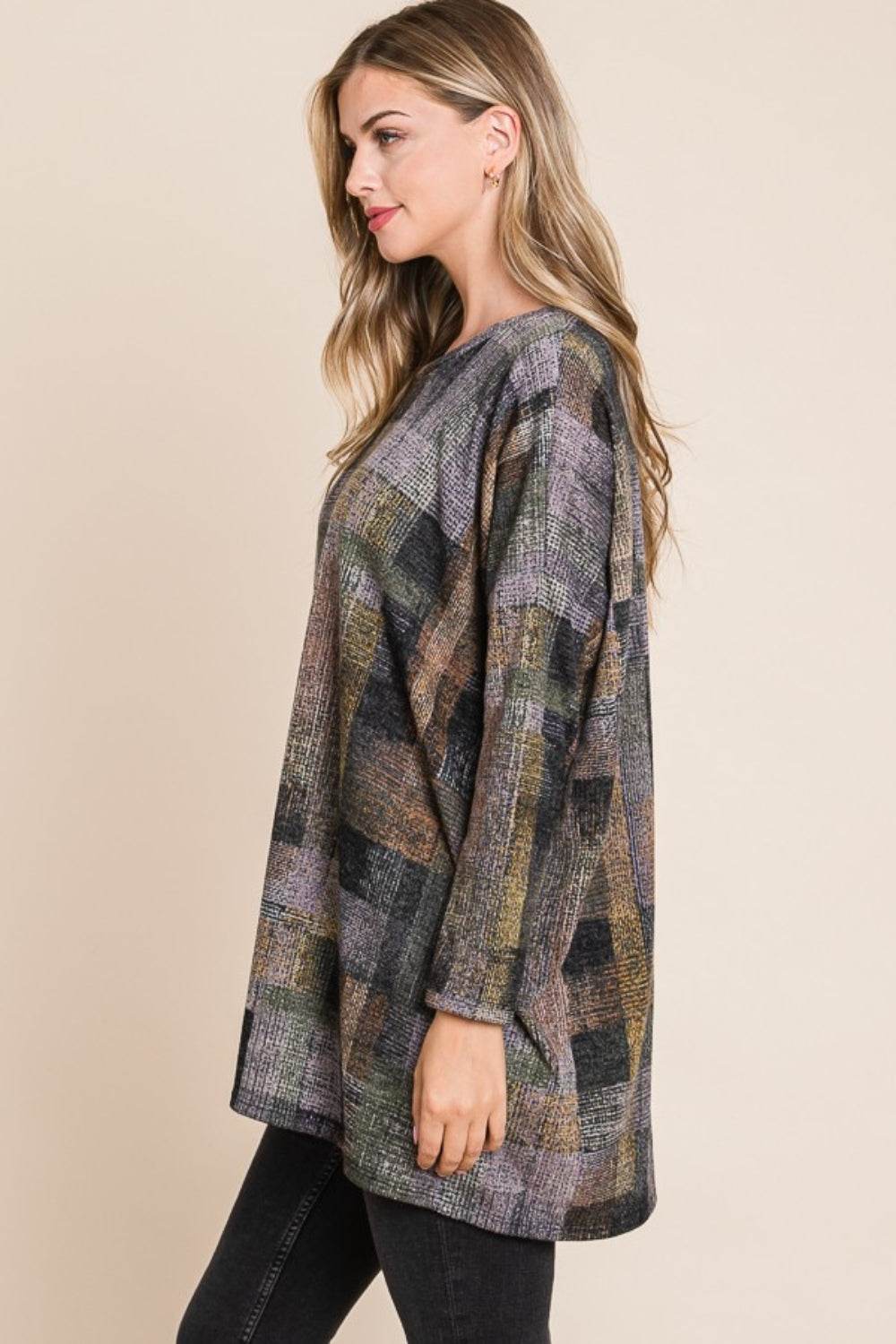 BOMBOM Plaid Round Neck Long Sleeve Top - DaTrendStore.Com
