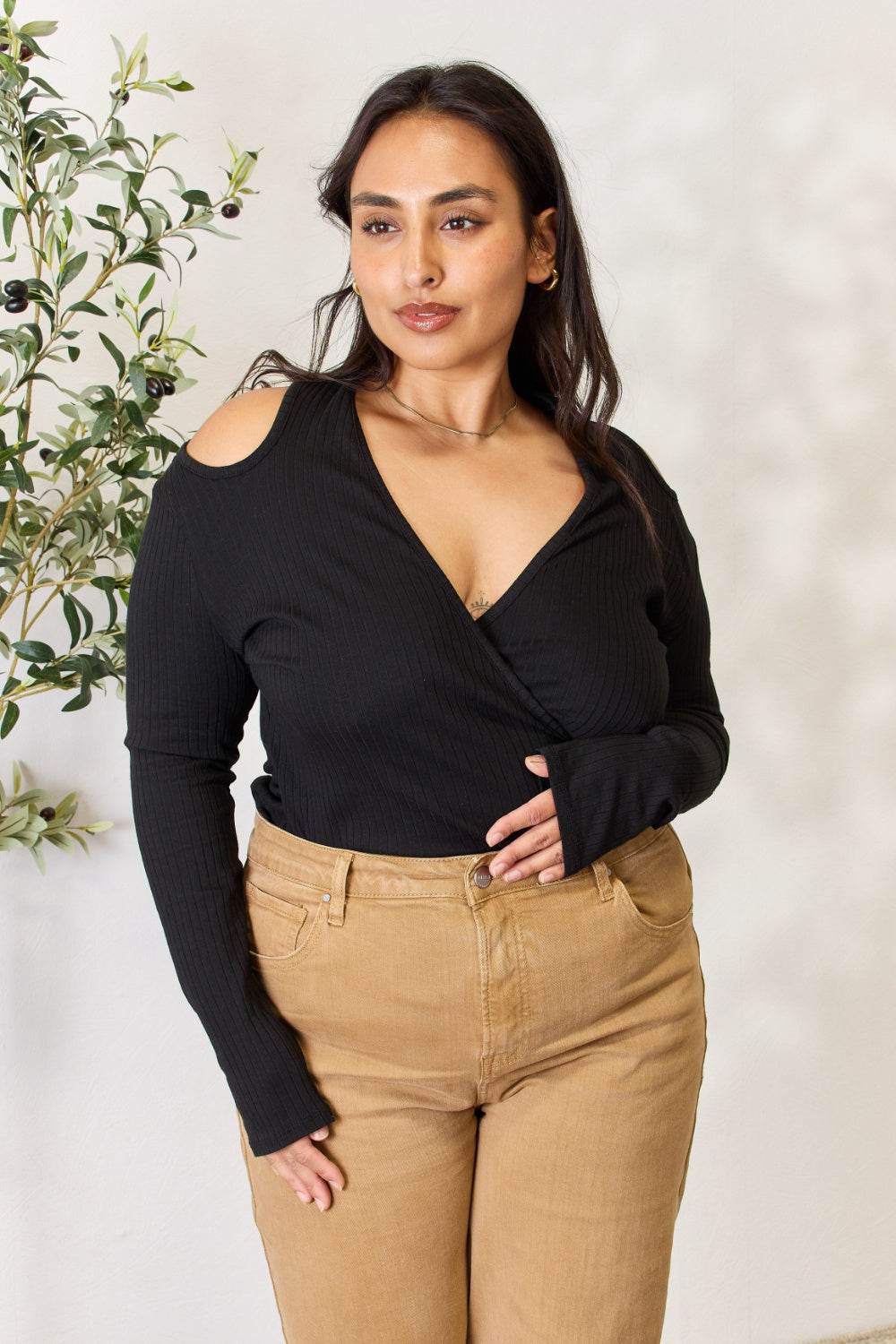 Culture Code Full Size Ribbed Surplice Cold Shoulder Top - DaTrendStore.Com