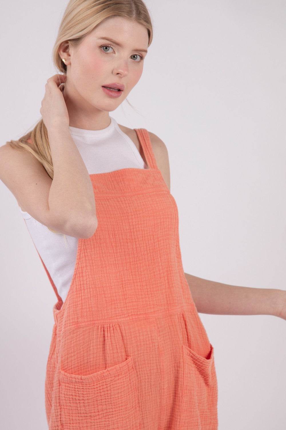 VERY J Sleeveless Double Gauze Overalls with Pockets - DaTrendStore.Com