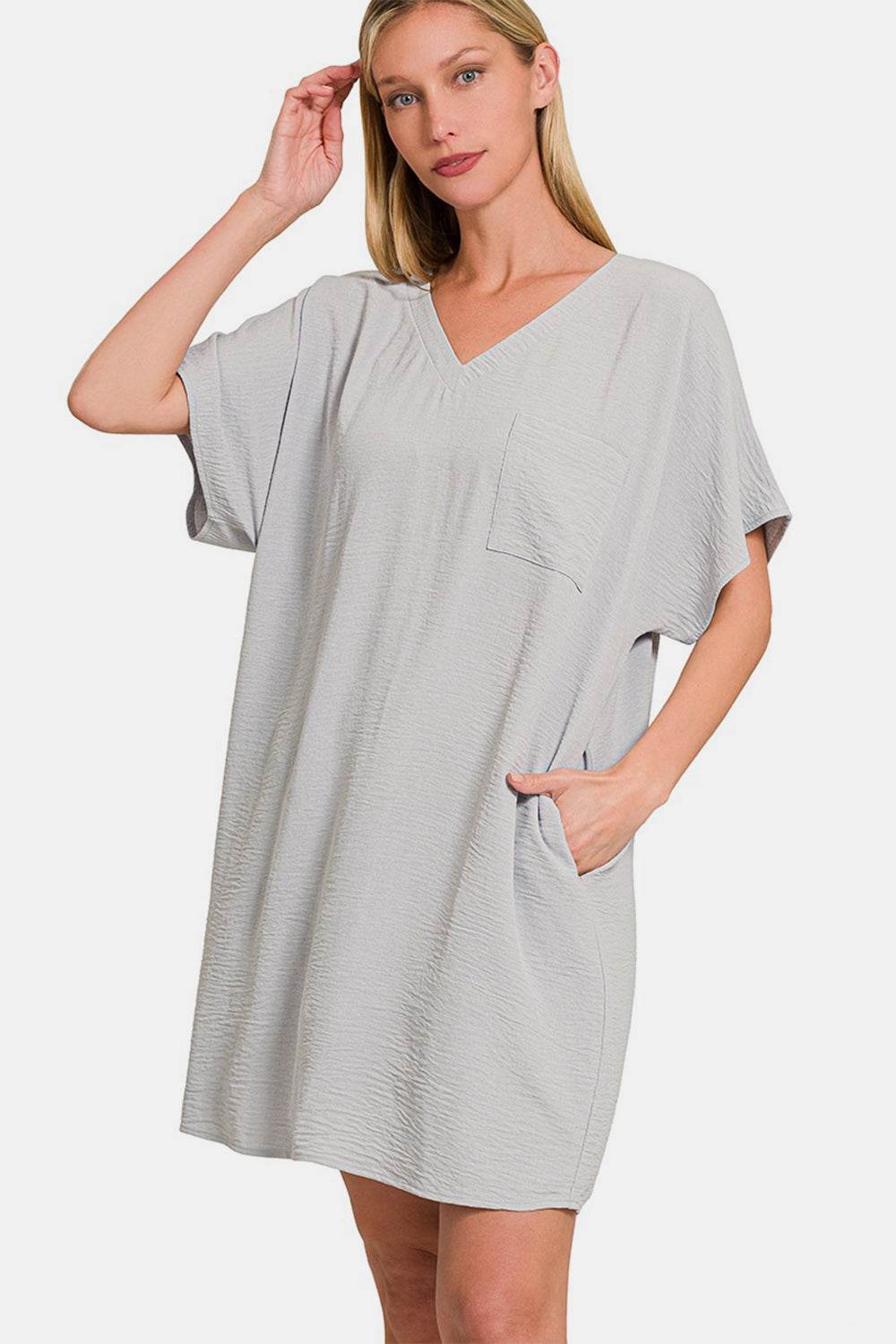 Zenana V-Neck Tee Dress with Pockets - DaTrendStore.Com