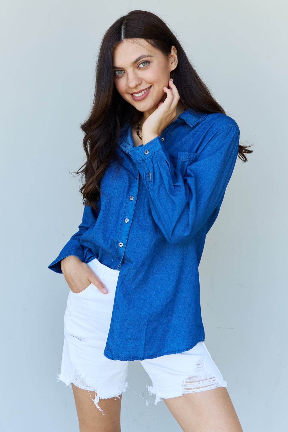 Doublju Blue Jean Baby Denim Button Down Shirt Top in Dark Blue - DaTrendStore.Com