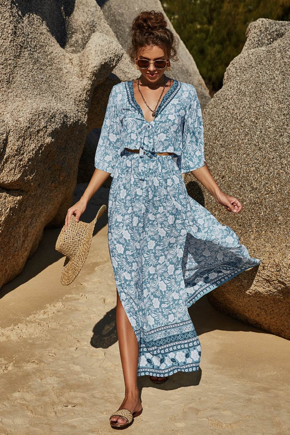 Printed Half Sleeve Top and Slit Skirt Set - DaTrendStore.Com