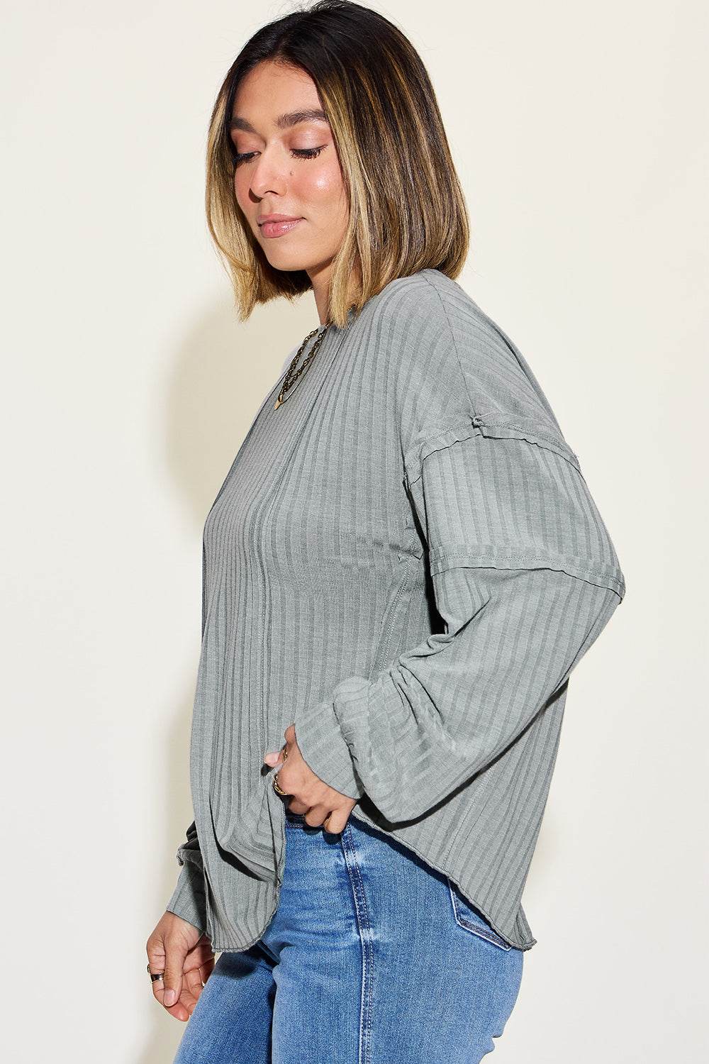 Basic Bae Full Size Ribbed Round Neck Long Sleeve T-Shirt - DaTrendStore.Com