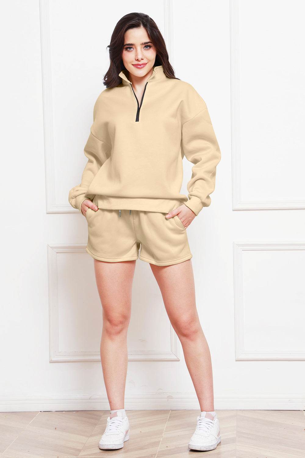 Half Zip Long Sleeve Sweatshirt and Drawstring Shorts Set - DaTrendStore.Com