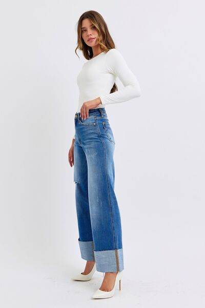 Judy Blue Full Size Distressed High Waist Wide Leg Jeans - DaTrendStore.Com