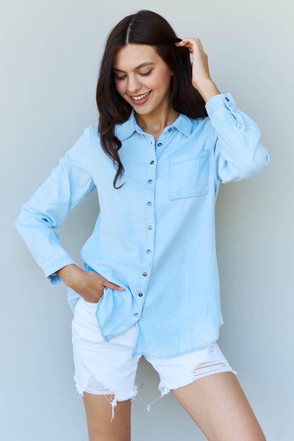 Doublju Blue Jean Baby Denim Button Down Shirt Top in Light Blue - DaTrendStore.Com