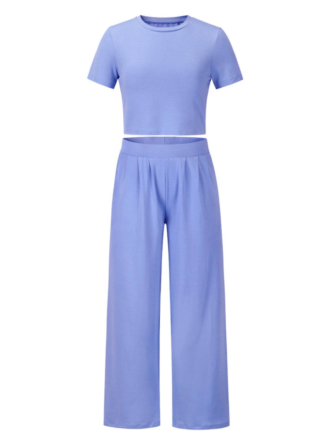 Round Neck Short Sleeve Top and Pocketed Pants Set - DaTrendStore.Com
