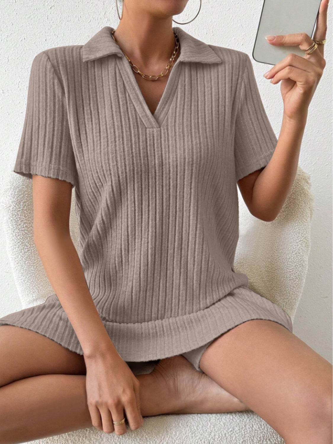 Johnny Collar Short Sleeve Top and Shorts Set - DaTrendStore.Com