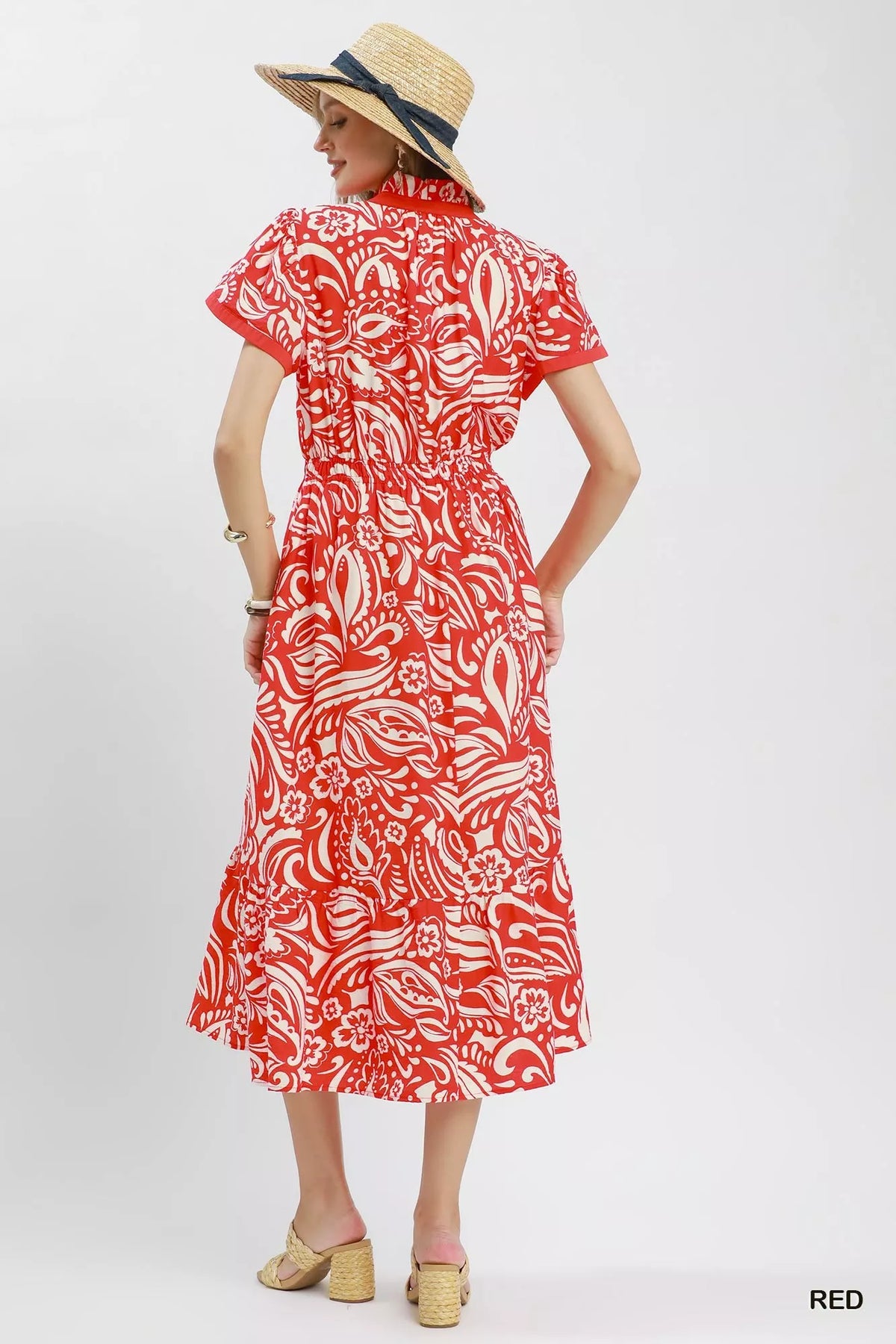 Umgee Paisley Print Midi Dress with Side Pockets - Red