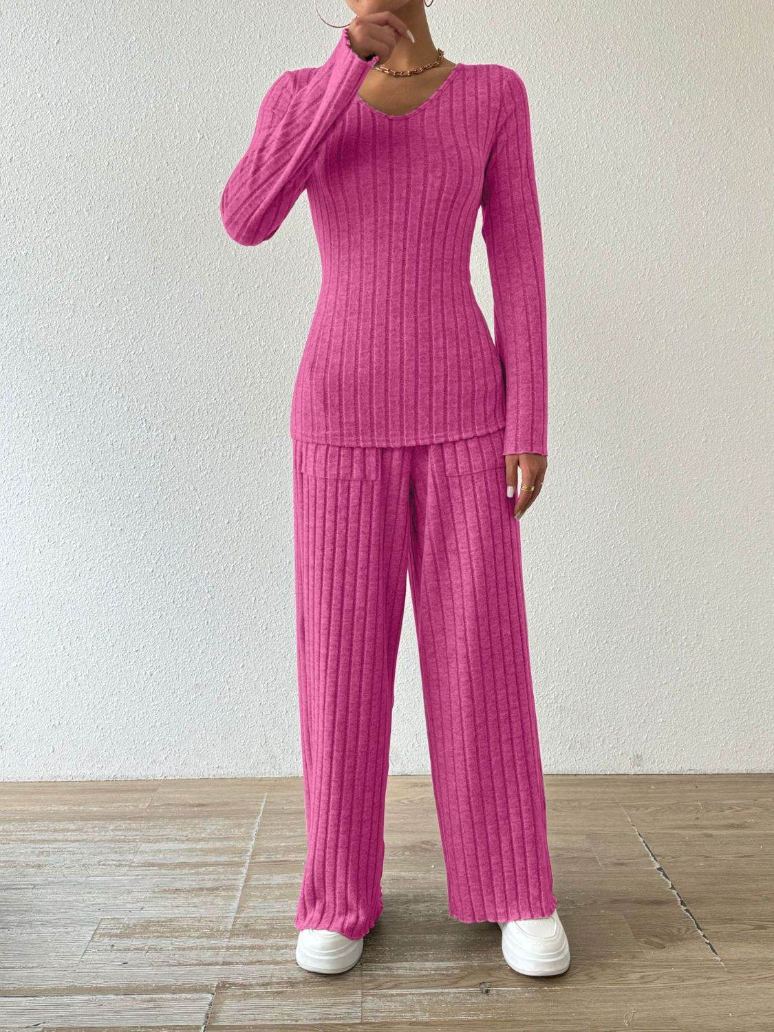 Ribbed V-Neck Long Sleeve Top and Pocketed Pants Set - DaTrendStore.Com