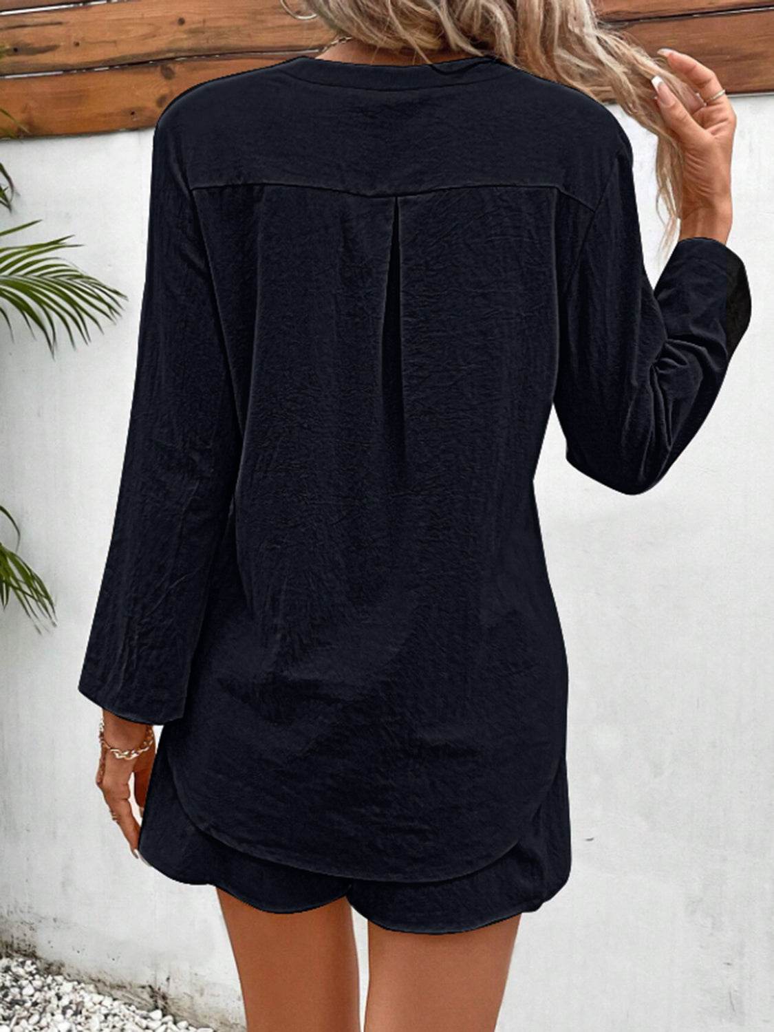 Notched Long Sleeve Top and Shorts Set - DaTrendStore.Com