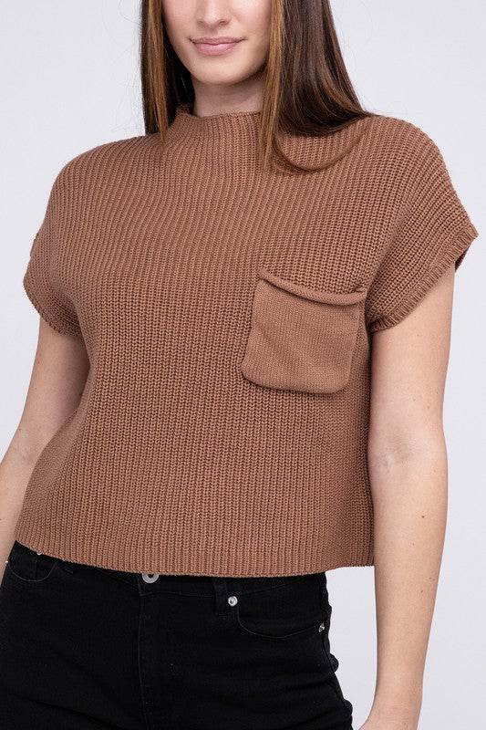 Mock Neck Short Sleeve Cropped Sweater - DaTrendStore.Com