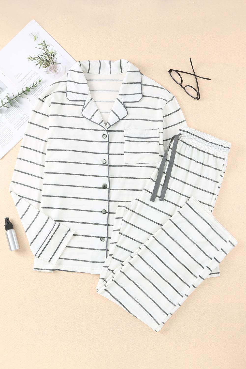 Striped V-Neck Long Sleeve Top and Pants Lounge Set - DaTrendStore.Com