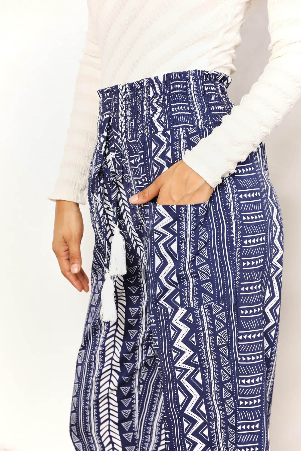 Perfee Geometric Print Tassel High-Rise Pants - DaTrendStore.Com