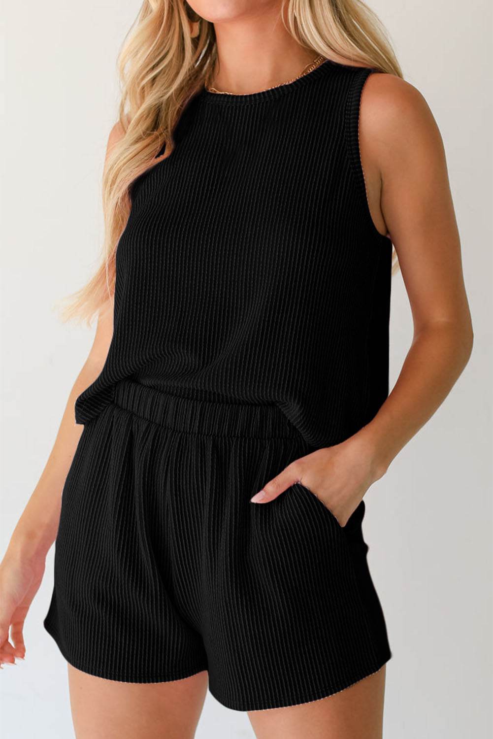 Round Neck Sleeveless Top and Shorts Set - DaTrendStore.Com