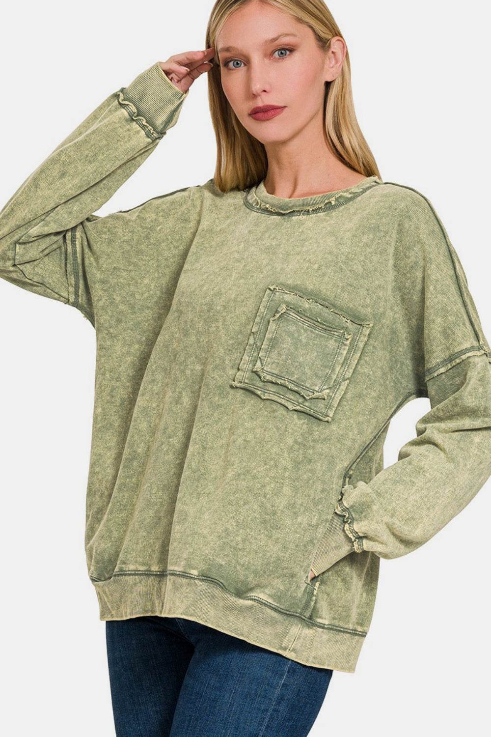 Zenana Exposed Seam Round Neck Dropped Shoulder Sweatshirt - DaTrendStore.Com