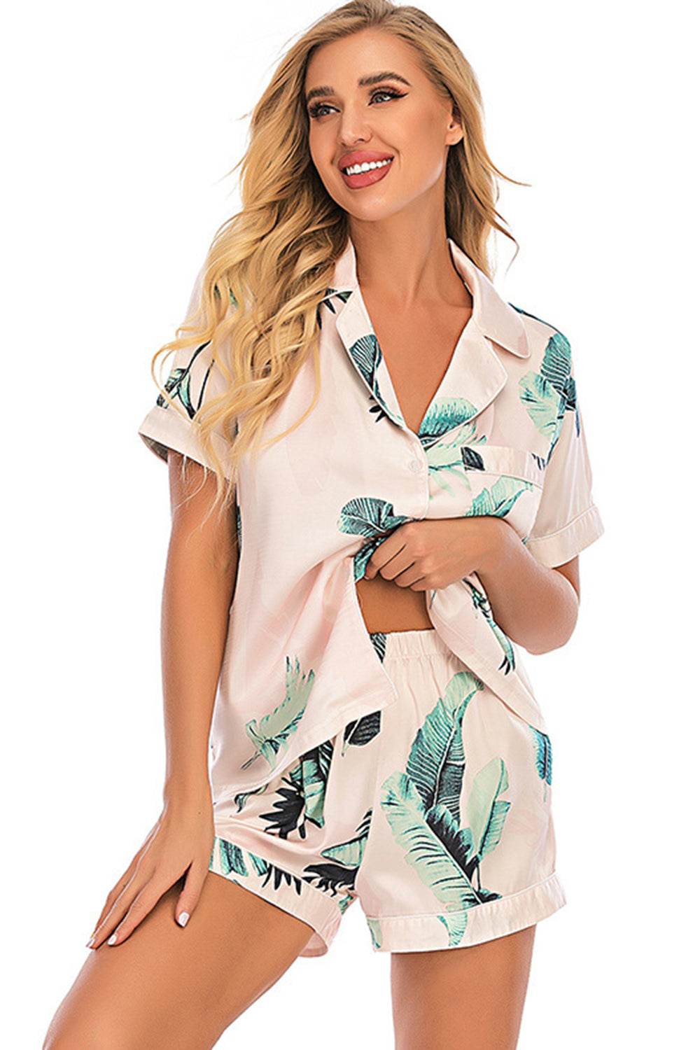 Printed Button Up Short Sleeve Top and Shorts Lounge Set - DaTrendStore.Com