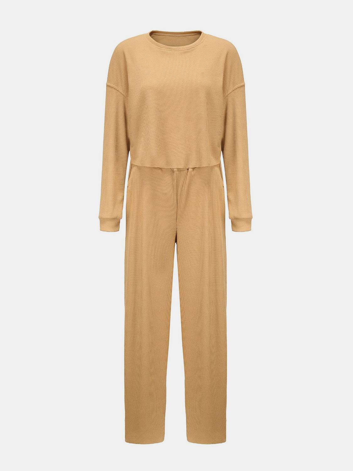 Waffle-Knit Round Neck Top and Pants Set - DaTrendStore.Com