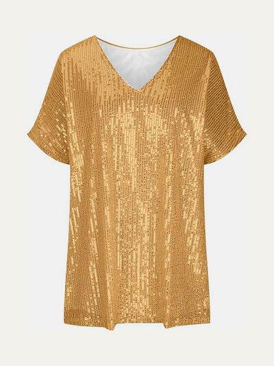 Full Size Sequin V-Neck Short Sleeve Top - DaTrendStore.Com