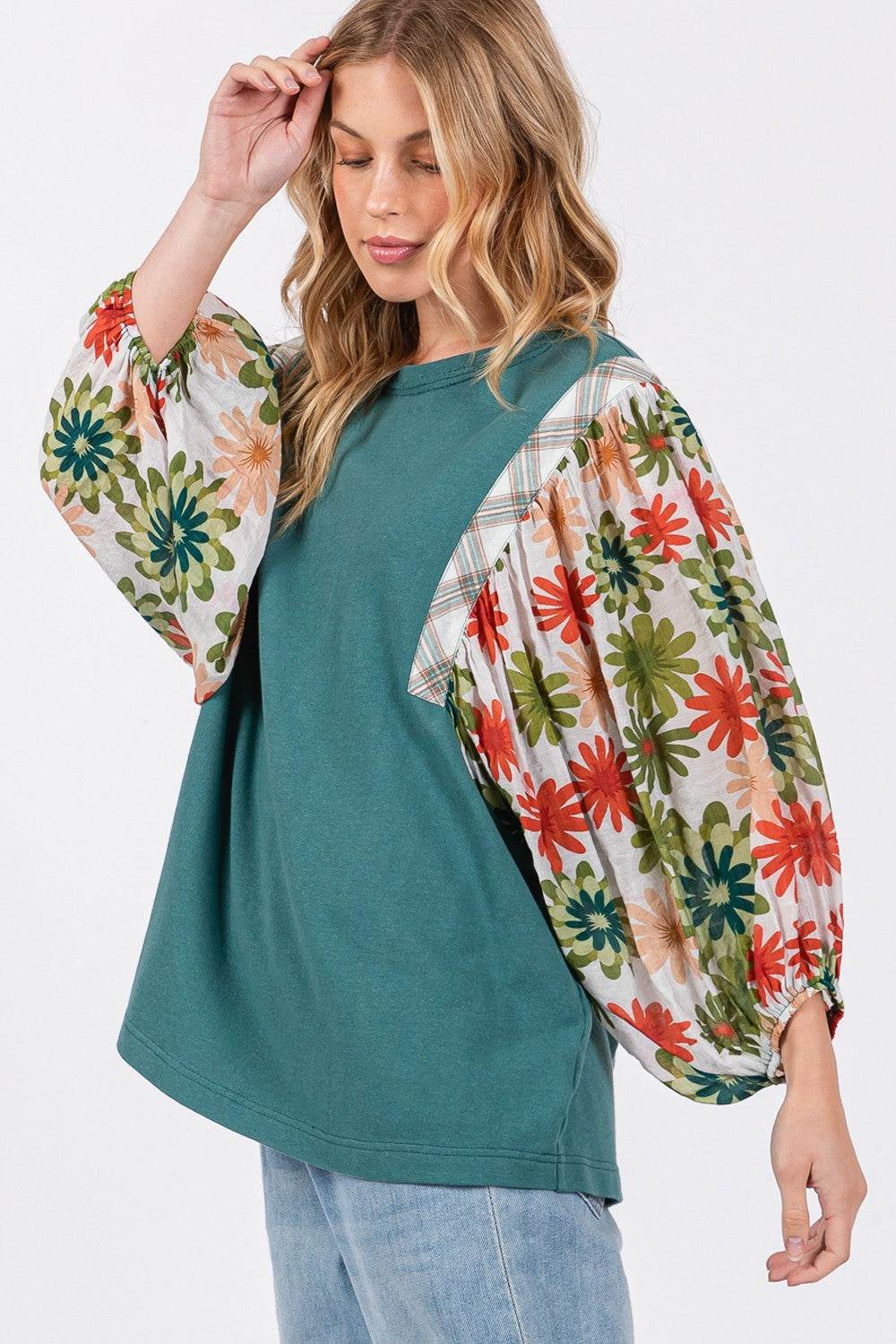 SAGE + FIG Full Size Printed Balloon Sleeve Contrast Top - DaTrendStore.Com