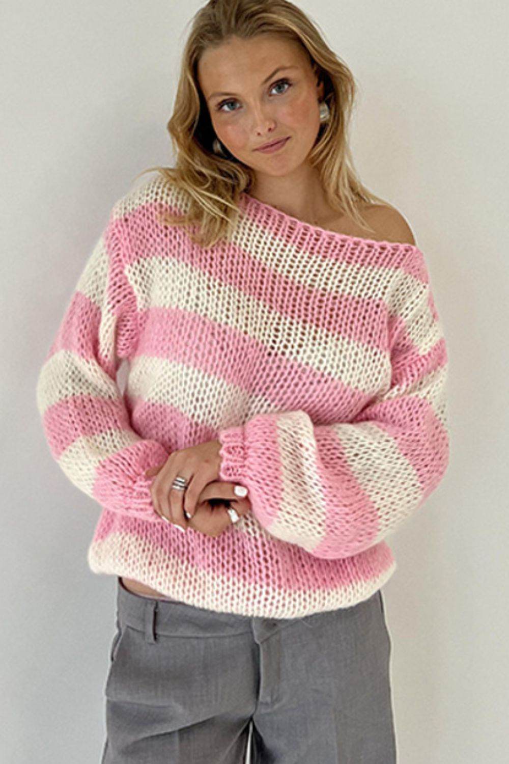 Contrast Striped Boat Neck Long Sleeve Sweater - DaTrendStore.Com