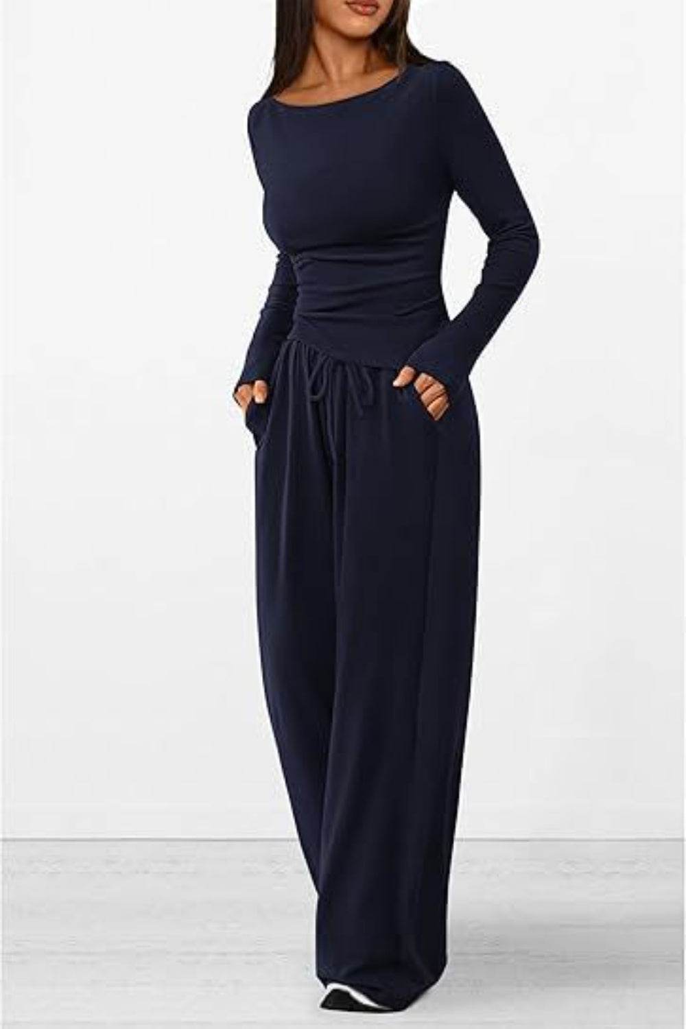 Round Neck Long Sleeve Top and Pants Set - DaTrendStore.Com