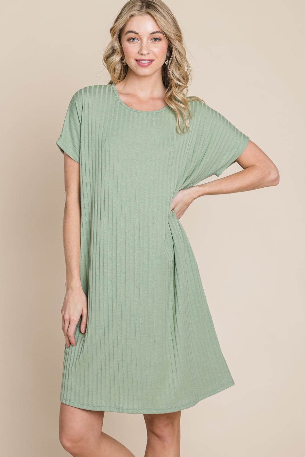 BOMBOM Ribbed Round Neck Short Sleeve Dress - DaTrendStore.Com