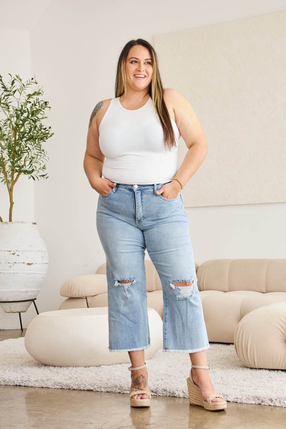 RFM Full Size Tummy Control High Waist Raw Hem Distressed Jeans - DaTrendStore.Com
