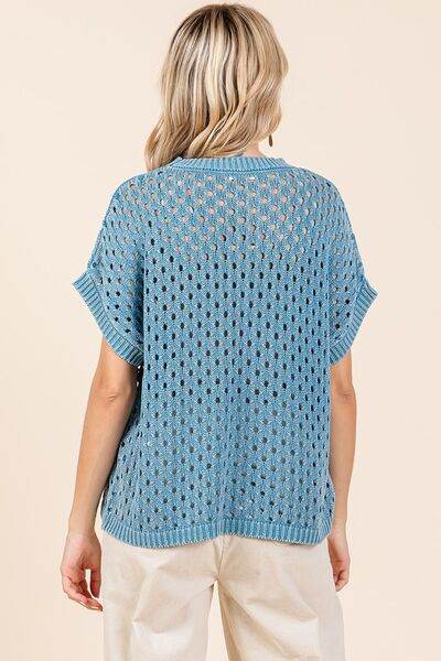 Mittoshop Mineral Wash Openwork Short Sleeve Knit Cover Up - DaTrendStore.Com