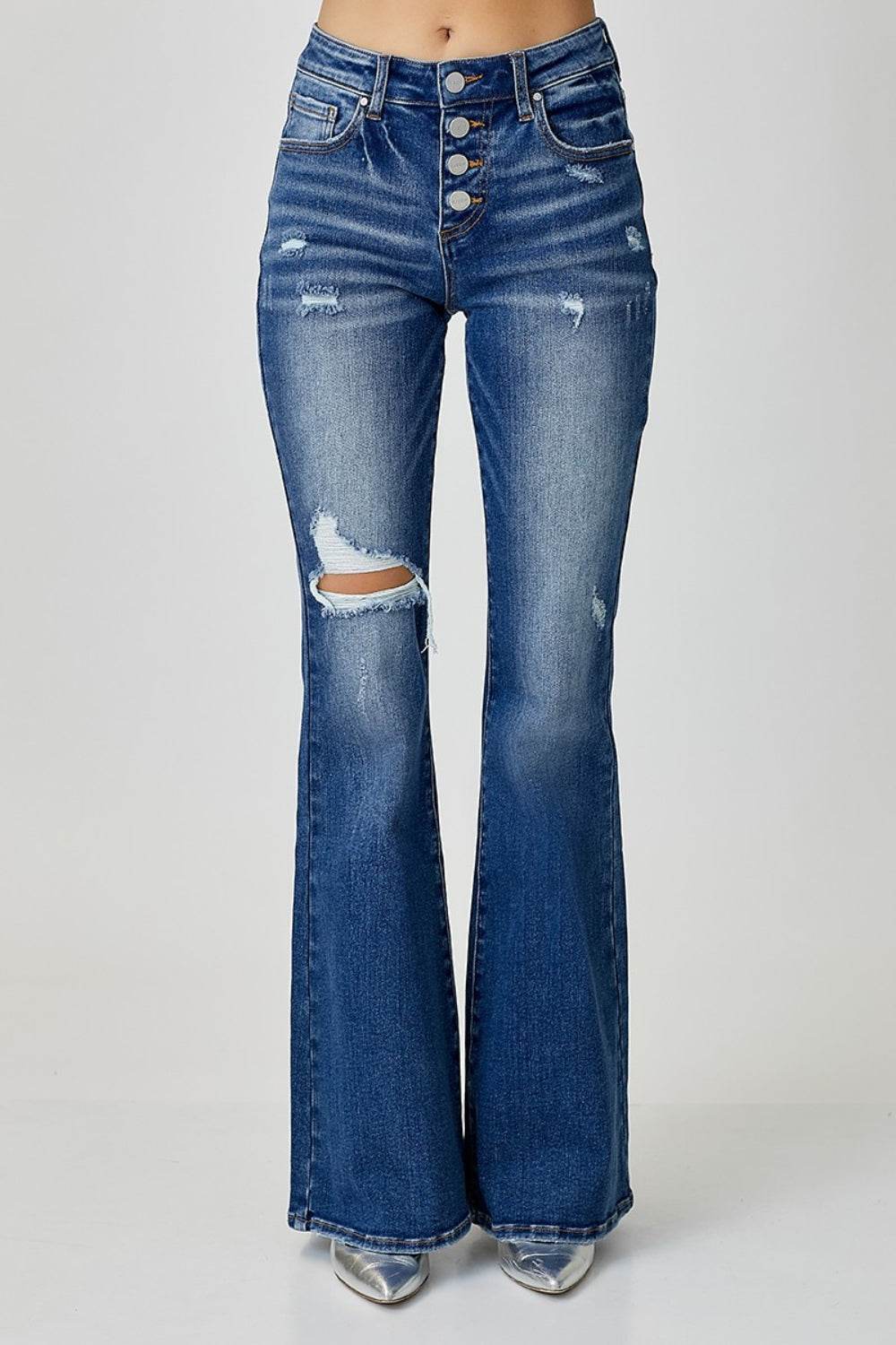 RISEN Distressed Button-Fly Flare Jeans - DaTrendStore.Com