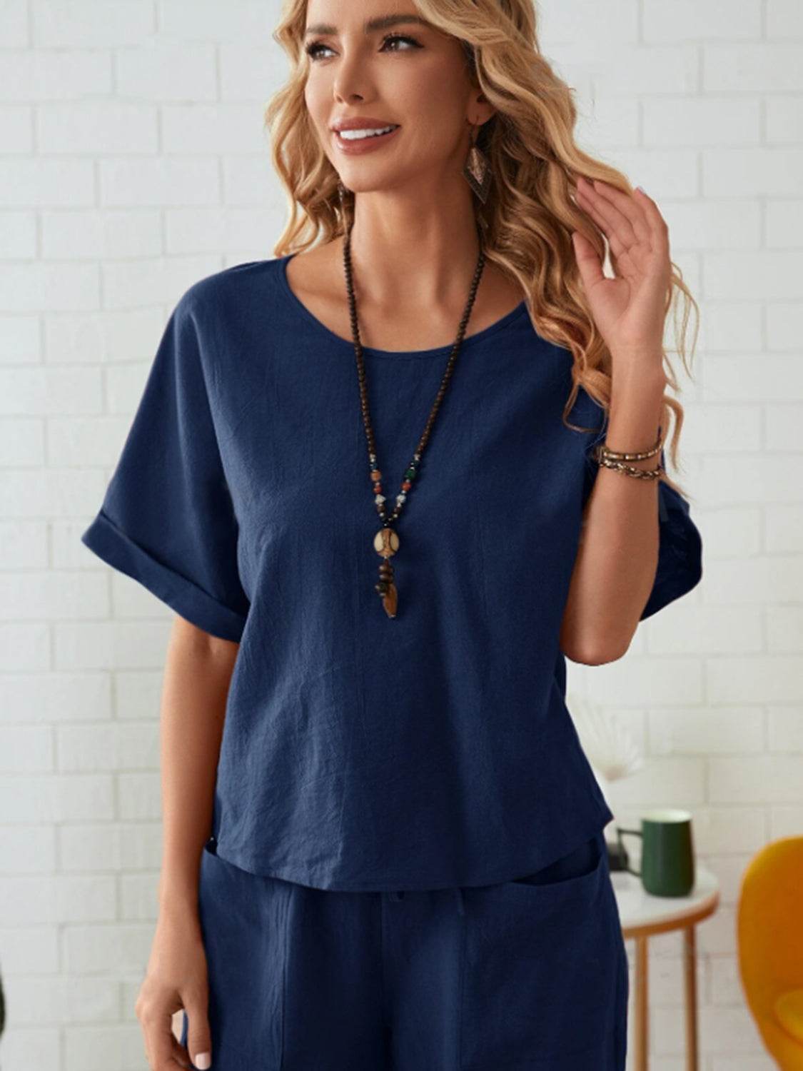 Round Neck Half Sleeve Top and Pocketed Pants Set - DaTrendStore.Com