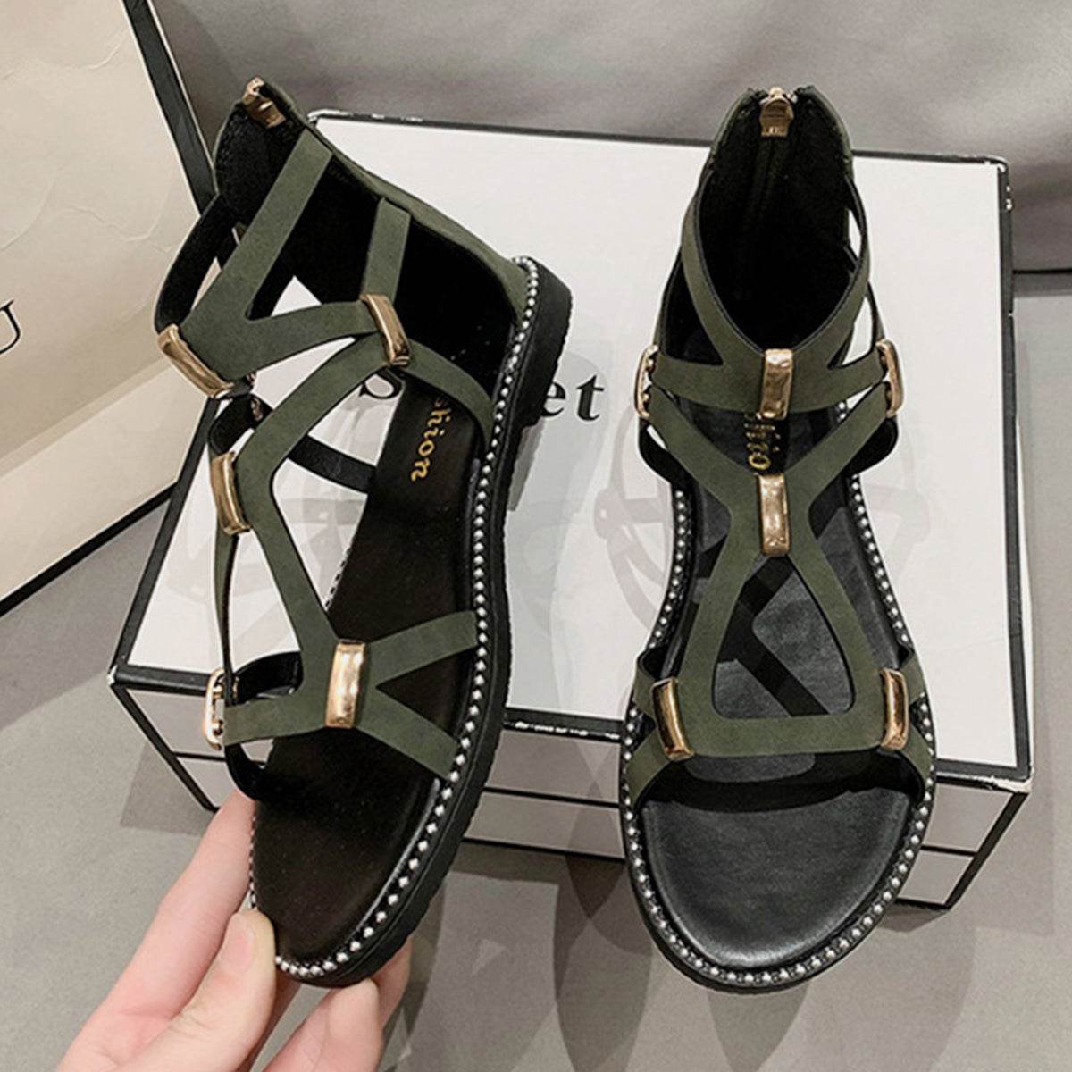 Open Toe Back Zipper Flat Sandals - DaTrendStore.Com